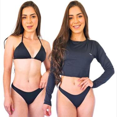 Imagem de Kit Cropped Manga Longa Proteção Solar Biquini Asa Delta Sutiã Cortini