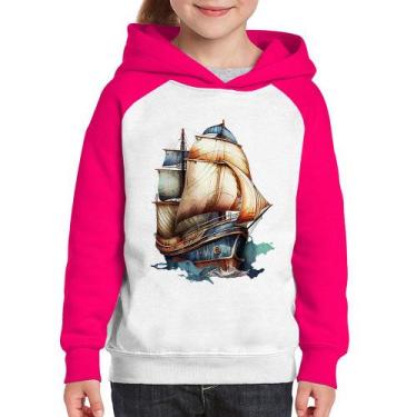 Imagem de Moletom Infantil Navio Vintage - Foca na Moda, Branco, Rosa, 2