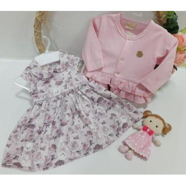 Imagem de Kit Vestido Cetim + Casaco Moletinho Bebe Menina Enxoval 376 - Bela Fa