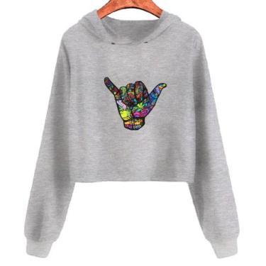 Imagem de Cropped Moletom Feminino Casual Flanelado Mão Colorida - Elite, Cinza,