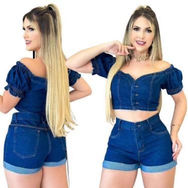 Imagem de Conjunto Feminino Jeans Escuro Short e Blusa Modelo Premium - Atacado 
