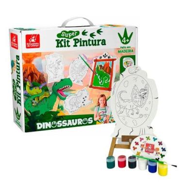 Imagem de Super Kit Pintura Dinossauros 4 Telas + Cavalete + 6 Tintas - Brincade