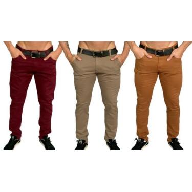 Imagem de Kit 3 calça masculina slim com lycra caqui bordo marrom skinny - empor