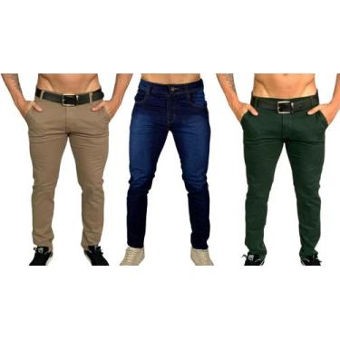 Imagem de Kit 3 calça masculina slim com lycra caqui bordo marrom skinny - empor