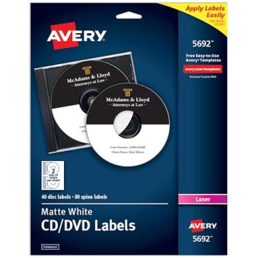 Imagem de Avery Etiquetas de CD imprimíveis, branco fosco, adesivo permanente, impressão a laser, 40 CD em branco e 80 adesivos de lombada em branco, ótimo para DVD, discos de PC e mais (5692)