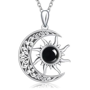 Imagem de UYBNRK Colar feminino sol e lua ônix preto / colar de sol de zircão branco joia celta presentes de bruxa para mulheres colar gótico prata preta joia lua estrela sol colar pingente colar, standard
