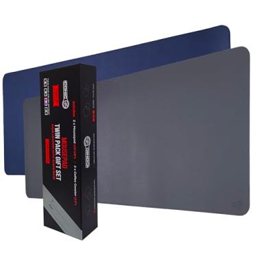 Imagem de Tapete de mesa icônico de couro PU Pro PC Gear – conjunto duplo | Mouse pad premium com porta-copos bônus | Tapete de mouse elegante, durável e impermeável para escritório e casa (azul marinho + cinza
