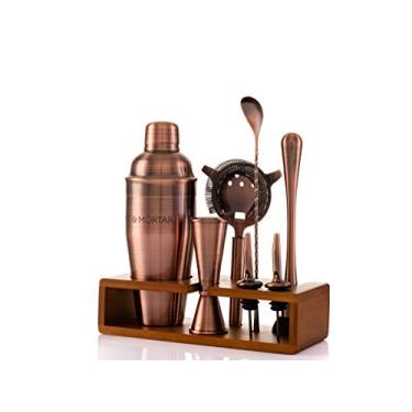 Imagem de Conjunto de coqueteleira Mint&Mortar de 7 peças com suporte de bambu, kit de mixologia de aço inoxidável com ferramentas de barra para casa e profissional Great Martini/Margarita misturador de 680 g em cobre escovado exclusivo