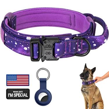 Imagem de DAGANXI Coleira tática para cães, coleira para cães de nylon para treinamento militar ajustável com alça de controle e fivela de metal pesado para cães médios e grandes, com adesivos e capa Airtags (M, céu roxo)