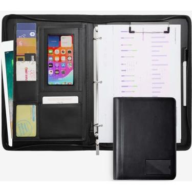 Imagem de YouLain Fichário de portfólio - 3 anéis com zíper, porta-cartão de carteira de negócios PU capa para tablet bloco de escrita A4 prancheta, organizador de documentos de reunião para homens e mulheres