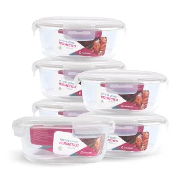 Imagem de Kit 6 Potes de Vidro Redondo com Tampa Hermética 950ml (Branco)