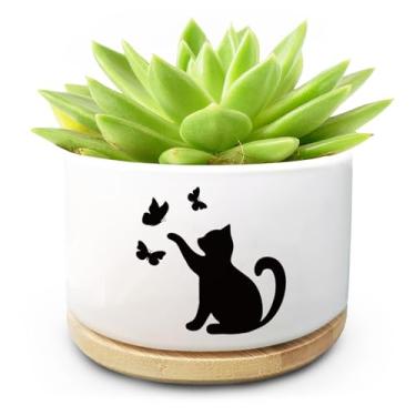 Imagem de Vaso de cerâmica engraçado e fofo para gatos com orifícios de drenagem e bandeja de bambu, ideal para suculentas e cactos, presente decorativo de escritório em casa para amantes de gatos e amantes de
