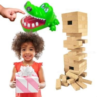 Imagem de Kit jogos Infantil Crocodilo Morde Dedo Jacaré Dentista Caiu Perdeu Torre de Blocos MDF Brinquedos educativos pedagogicos infantis Presente Menino 3 anos Menina Dia das crianças aniversario