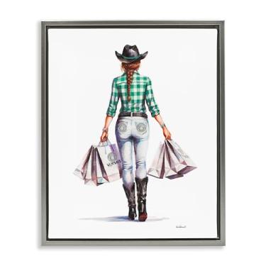 Imagem de Stupell Industries Tela emoldurada Country Cowgirl Shopper Gray Floater Design de arte de parede por Amanda Greenwood, 17 x 21