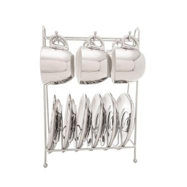 Imagem de Conjunto 6 Xícaras De Café Com Pires De Porcelana E Suporte Versa Branco-prata 90ml - Wolff