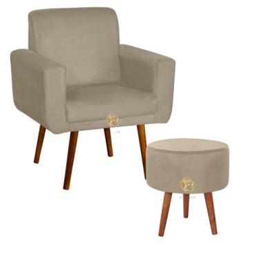Imagem de Kit Poltrona Decorativa com Puff Redondo Pés Palito - Vit Decor, Bege