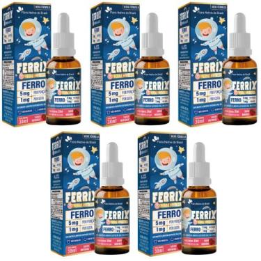 Imagem de 5x Ferrix ferro 5mg/porção 30ml sabor morango Flora Nativa