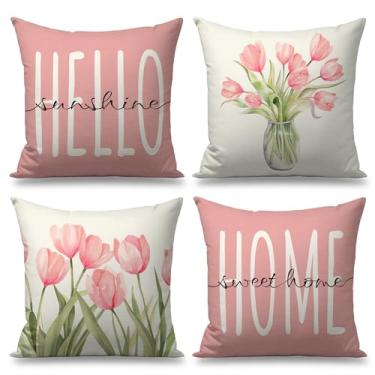 Imagem de FUYUCHEN Capas de almofada de primavera 50 x 50 conjunto de 4 tulipas casa doce lar rosa fronhas decorativas Hello Sunshine Summer Seasonal Farmhouse Decorações para sofá sofá