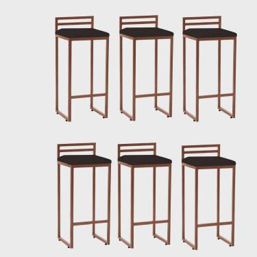 Imagem de Kit 06 Banqueta Alta Com Encosto Petra Balcão Bar Cozinha Bistrô Ferro Bronze Corino Marrom - Ahz Móveis