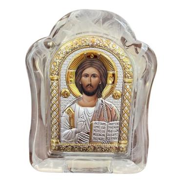 Imagem de (MSA-2/001G/B) Jesus Cristo Ícone Ortodoxo Prata Bizantina em Vidro Murano Branco/Feito à Mão Grego (Branco, 11 x 9 cm)