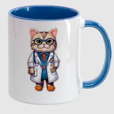 Imagem de Caneca Porcelana Branca Alça e Interior Azul Jeans 325ml - GATINHO MEDICO