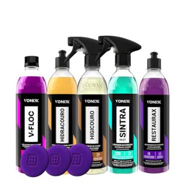Imagem de Kit Profissional de Limpeza Automotiva, 5 Produtos + 3 Aplicadores, V-Floc, Hidracouro, Higicouro, Sintra Fast, Restaurax Vonixx