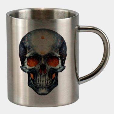 Imagem de Caneca de Inox Premium Prateada 400ml CRANIO OLHOS LARANJAS CAVEIRA - 