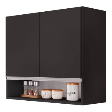 Imagem de Armário Aéreo Multiuso Lux 80cm 100%MDF 02 Portas com Nicho Integrado Preto - Abmaza