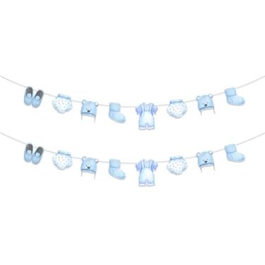 Imagem de 2 pacotes de faixas de chá de bebê para meninos, guirlanda de roupas azuis para chá de bebê revelação de gênero para decoração de festa de aniversário