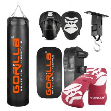 Imagem de Kit Saco De Pancada PRO 180 + Luva PRO + Manopla De Foco + Aparador + Suporte Articulado Gorilla (Vermelho)