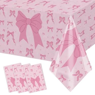 Imagem de MEHOFOND Pacote com 3 toalhas de mesa com laço rosa, toalha de mesa de aniversário descartável, retangular, 137 x 274 cm, capa de mesa para mulheres, meninas, chá de bebê, despedida de solteira