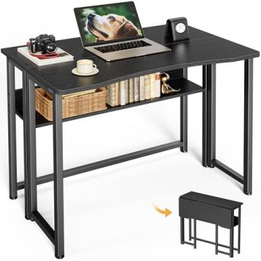 Imagem de Huuger Mesa dobrável com prateleira de armazenamento, mesa de computador dobrável de 70 cm para espaços pequenos, mesa de sofá para sofá, mesa de trabalho e escritório, fácil de dobrar, preta