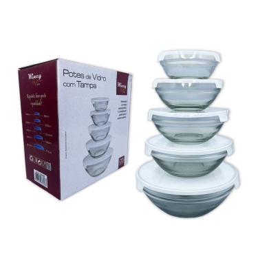 Imagem de Conjunto 5 Potes de Vidro Redondo Hermético com Tampa