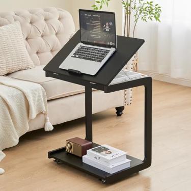 Imagem de CozyDH Mesa de canto ajustável em forma de C, mesa lateral rolante de madeira maciça, bandeja de sofá para sofá, mesa multiuso, pequena mesa de centro com rodas, sala de estar, quarto, preta