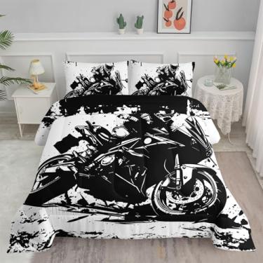 Imagem de Smell Sunshine Conjunto de edredom de motocross preto e branco com estampa de esportes radicais com 1 edredom e 2 fronhas para quarto de meninos e meninas em todas as estações (motocross-2 solteiros)