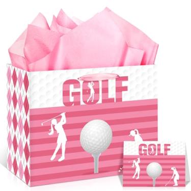 Imagem de Wayyogh Bolsa grande rosa para presente de golfe com papel de seda para decoração de cartões comemorativos para lembrancinhas de festa esportivas, presentes de aniversário com tema de bola de golfe