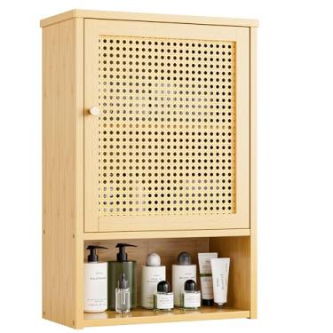 Imagem de vovala Armário de parede de banheiro, organizador de bambu sobre o vaso sanitário com portas de vime e prateleira ajustável, armário de remédios que economiza espaço para lavanderia, cozinha, sala de