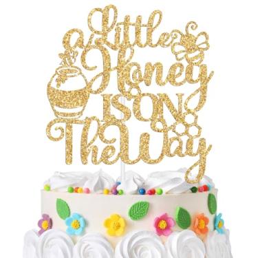 Imagem de A Little Honey is on the Way Cake Topper,Oh Baby/Welcome Little One, Honey Bee Theme Pregnancy Announcement/Baby Shower Party Decoration Supplies, Gold Glitter