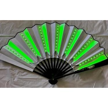 Imagem de Ventilador dobrável com iluminação LED, papel branco com moldura preta, ventilador de mão iluminado alimentado por bateria (luzes verdes)