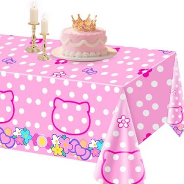 Imagem de AMFZON 1 pacote de toalhas de mesa para festa de gatinho rosa, decoração de gato, retangular, plástico, laço rosa, bolinhas brancas para aniversário, chá de bebê, suprimentos de decoração de festa de