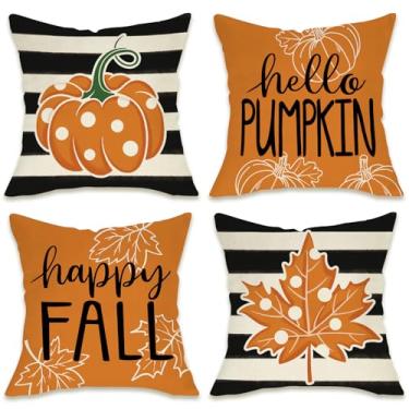 Imagem de Fahrendom Capas de almofada decorativas Happy Fall 45,7 x 45,7 cm, conjunto de 4 capas de almofada de outono Hello Pumpkin Maple Leaves Varanda Pátio ao ar livre, listras bolinhas sazonais sofá