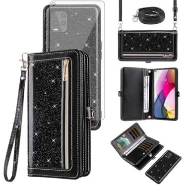 Imagem de Asuwish Capa de celular para Moto G Stylus 5G 2021 com zíper carteira de celular com alça protetora de tela de vidro temperado com glitter, compartimento para cartão Motorola GStylus G5 XT2131DL