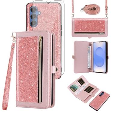 Imagem de Asuwish Capa de celular para Samsung Galaxy S25 Plus S25+ 5G Carteira com zíper destacável com protetor de tela, alça com glitter, compartimento para cartão S25Plus 25S + S 25 25+ SM-S936U feminino