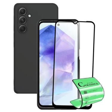 Imagem de Capinha Aveludada Para Galaxy A35 Capa Preta Proteção Câmera + Película Cerâmica Nanogel Anti Impacto