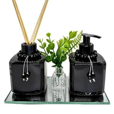 Imagem de Kit Lavabo Plástico LUXO Cubo PRETO Saboneteira e Difusor com Bandeja (PRETO)