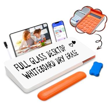 Imagem de Quadro branco de mesa de vidro apagável a seco com calculadora, quadro de mesa com suporte de teclado para escritório ou escola