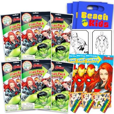 Imagem de Pacote de lembranças da festa dos Vingadores da Marvel ~ Pacote com 6 pacotes de jogos dos Vingadores com adesivos, livros de colorir e giz de cera com adesivos de bônus (suprimentos de festa dos Vengers)