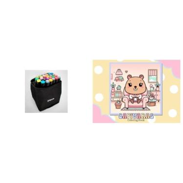 Imagem de Kit Livro De Colorir Capa Dura + Canetinhas Coloridas Touch Marca Texto De 24 Cores – ideal para traços finos e áreas grande (Kit Caneta 24 + Cad Capivaras Amarelo)