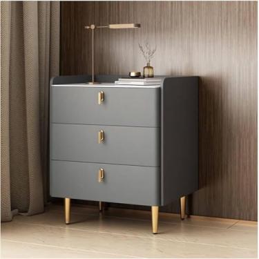 Imagem de Mesa De Cabeceira De Couro Falso Moderna De Meados Do Século Com Padrão De Mármore Mesa Lateral De Pedra Sinterizada Armário De Quarto De Madeira Com 3 Gavetas, Dark Gray