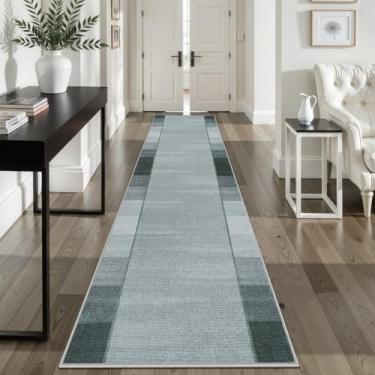 Imagem de Uphome Tapete de corredor moderno, 60 x 25 cm, lavável, quadriculado, antiderrapante, resistente a manchas, ombré, geométrico, corredor, pêlo baixo, tapete longo e macio para corredor, quarto